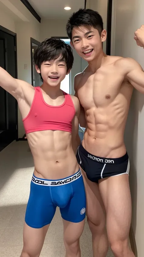 Two Japanese boys、12 years old、Both of them are very short、Slightly developed muscles and smooth skin、Sporty Very Short Hair、Healthy open mouth smile、The active pose and short limbs give the figure a childlike impression.、Both of them are wearing colorful,...