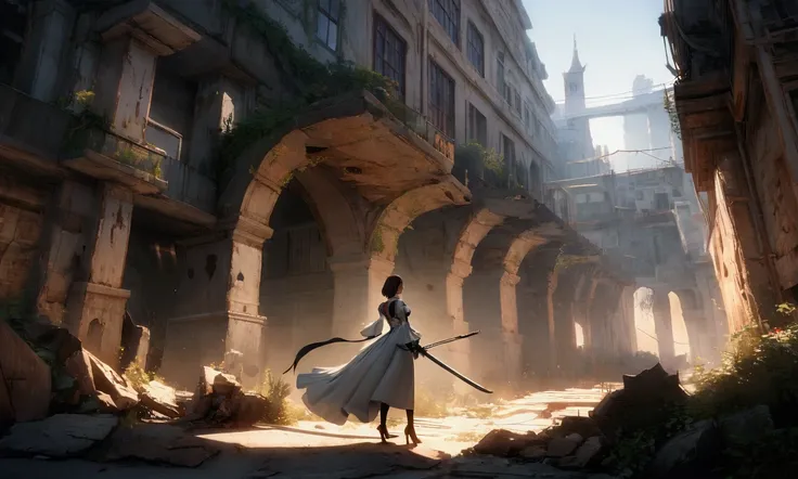 ((best qualityer)), ((work of art)), (very detailled:1.3), 2B in the ruins of a city in the forgotten war, Ancient Technology, Nier-Automata, standing, fully body, delicious, brandishing his sword, photographic essay, corpo sexy, ideal body, delicate curve...