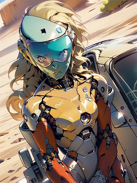 high quality, 4k, masterpiece, beautiful, cyborg girl, cowboy shot, dull eyes, back side, turning around to look at viewer, long blonde hair, girl, small breasts, fit thigh, robotic arms, robotic body, cyborg body, yellow accent, redaccent, intricate detai...