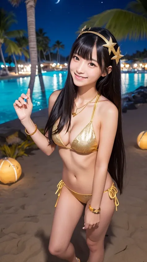 Japanese, high school girl, smile, young face, long black hair, long straight black hair, gold hairband, gold bikini, cleavage, necklace, gold sandals, beach, standing in front of a palm tree, tropical resort, beach, full moon night, starry night, firework...