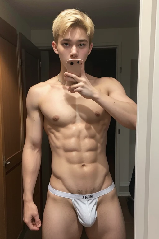 1 boy, man, Full picture, In the building, blonde hair,Wear white underwear.,16 years old, poses sexy,erect penis