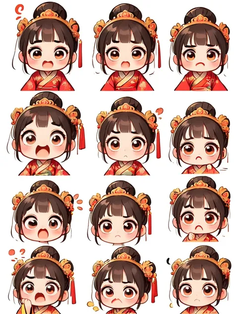 cute and humorous q version chinese girl, big eyes, bust, sticker, 6 different facial expressions, expression board, various pos...