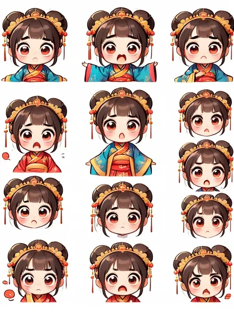 cute and humorous q version chinese girl, big eyes, bust, sticker, 6 different facial expressions, expression board, various pos...