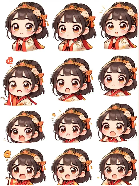 cute and humorous q version chinese girl, big eyes, bust, sticker, 6 different facial expressions, expression board, various pos...