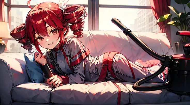 red hair, loungewear, holding vacuum cleaner, smiling