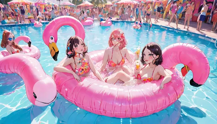 three women in a pool with Inflatable flamingo floats, Pool Party, Ultra-detailed face and eyes、Detailed Eyes、Delicate face、Summer swimming , Inflatable, Carnival floats, summer festival night, festival, 夏のnight, Are you having fun, Having a great time, Wa...