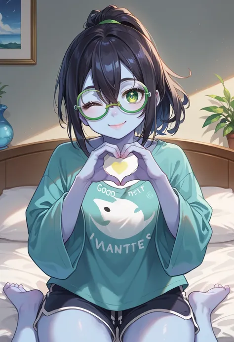 score_9, score_8_up, score_7_up, source_anime, 1girl, cute, solo, lips, blue skin, long black hair, shaggy ponytail hairstyle, medium breasts, hair between eyes, green eyes, symbol-shaped_pupils, tilted glasses, alien, oversized tshirt, oversized sleeves, ...