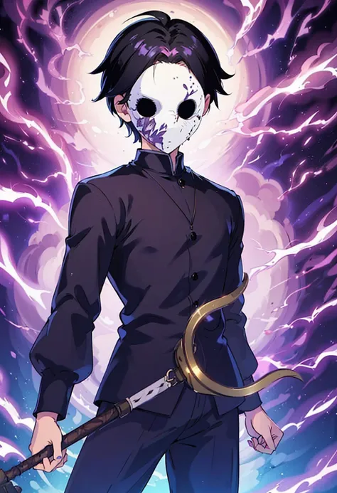 Young man wearing a white mask and holding a staff. Purple lightning background. Hand holding a staff. Hand holding an object. Grasping an object in the fist. Gripping a staff in the fist