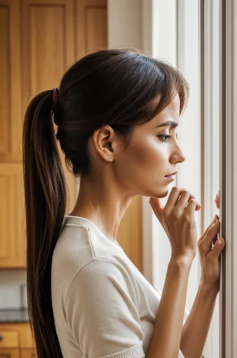 housewife woman, profile view, with hands together, giving thanks because they gave a solution to a problem