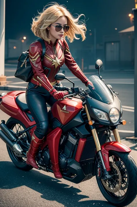 Create Captain Marvel as a motorcycle delivery girl with a bag on her back 