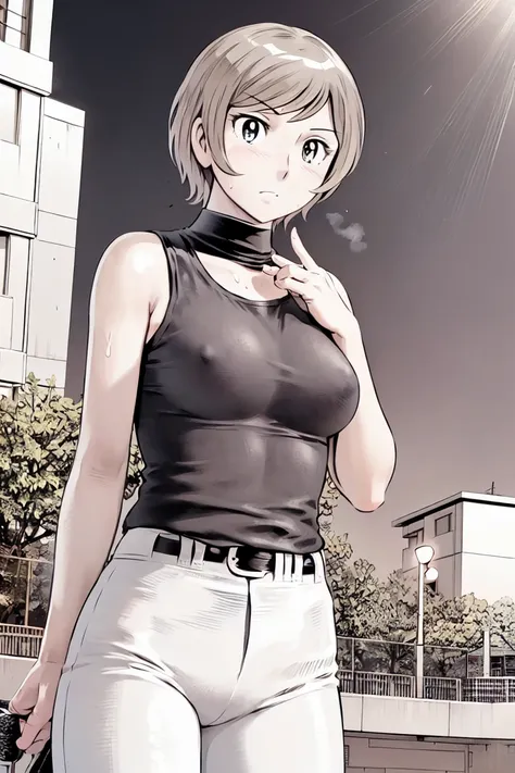 (野球uniform:1.2),
blonde, (short hair:1.2),Long sleeve, Black Shirt, White trousers、uniform、Black belt、((Illustration of people))、Tank top、
View your viewers,, (Highest quality:1.3),One Girl, White pants、uniform、Outdoor、baseball ground、ground、soil、blue eyes...