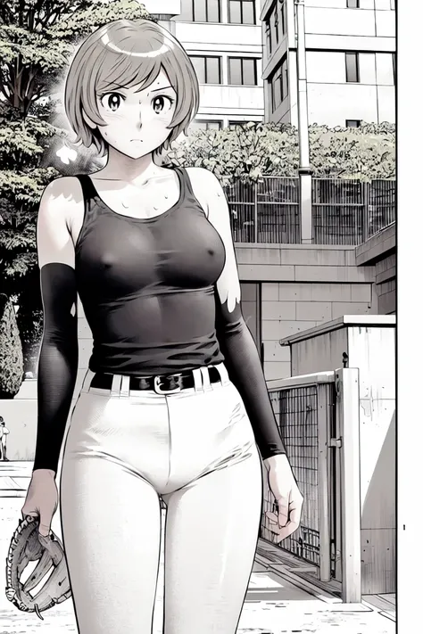 (野球uniform:1.2),
blonde, (short hair:1.2),Long sleeve, Black Shirt, White trousers、uniform、Black belt、((Illustration of people))、Tank top、
View your viewers,, (Highest quality:1.3),One Girl, White pants、uniform、Outdoor、baseball ground、ground、soil、blue eyes...