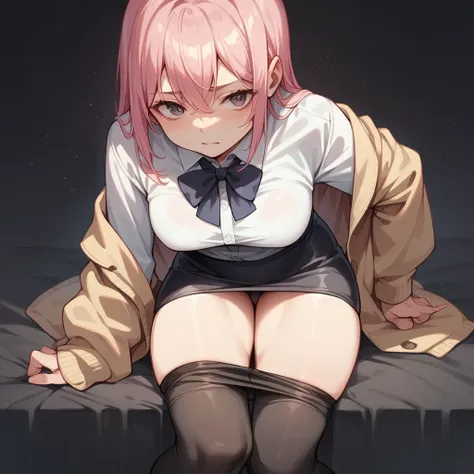 anime style,girl,pink hair,straight face,black tights,thighs,front,mini skirt,black background,undressing