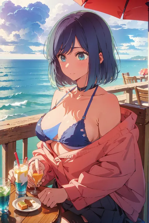 (Highest quality:1.4、masterpiece:1.4、Super detailed:1.4、8K:1.4)、((((1 person、Surprised expression、sit、Outdoor café terrace、coastal、juice、table、Sandy Beach、juiceのグラスを持つ、Micro Bikini、Very soft boobs、Big eyes、Very cute face))))、(with a thunderstorm:1.4)、F cup...