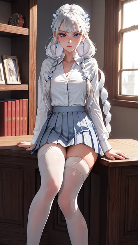 "1girl, incredibly detailed 8k cg, flawless model, mesmerizing idol, stunning face, ethereal beauty, pristine white hair, ring braids, captivating blue eyes,  Kakegurui ,  redblazer, white shirt, pleated grey skirt,  brown pantyhose, sat on desk  , full bo...