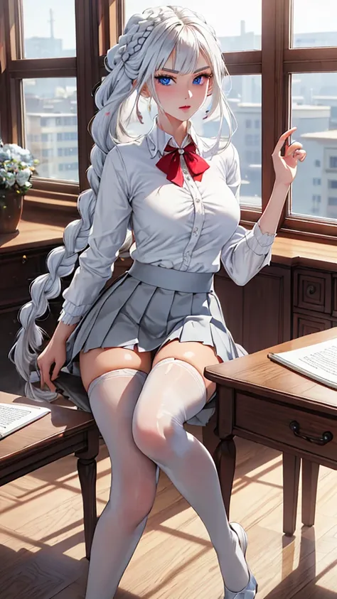 "1girl, incredibly detailed 8k cg, flawless model, mesmerizing idol, stunning face, ethereal beauty, pristine white hair, ring braids, captivating blue eyes,  Kakegurui ,  redblazer, white shirt, pleated grey skirt,  brown pantyhose, sat on desk  , full bo...