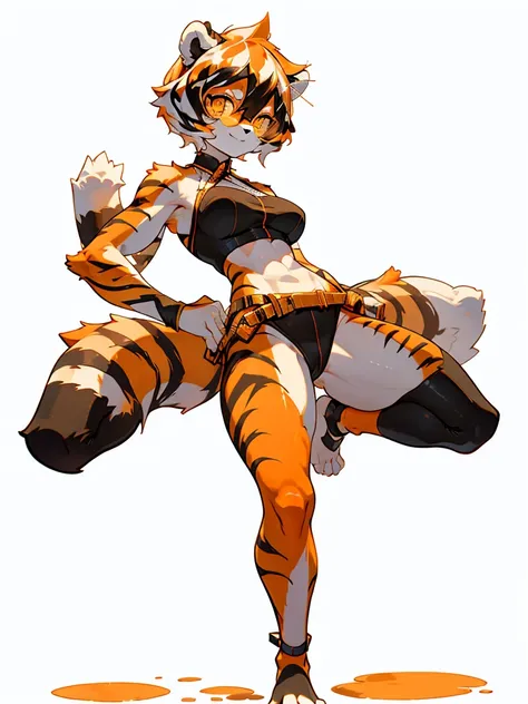 white background, full body, ((furry female:1.2)), Standing, animal ears, white hair, black hair, round eyewear,  short hair, large breasts, muscle, tail, orange eyes, orange hair, multicolored hair, tiger girl, hair between eyes, tiger_ears, tiger_tail, o...