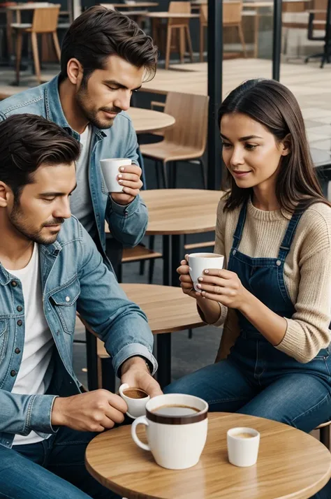 I want an image where two people are sitting drinking coffee, a man and a woman to use as an adhesive label. 