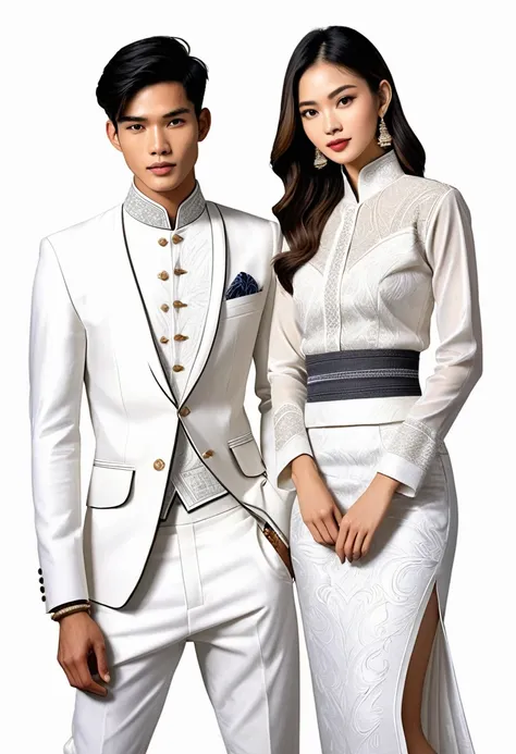 candid fashion illustration of two young man and women, 20-27 year old, adorned in a meticulously crafted north thai lanna tradi...