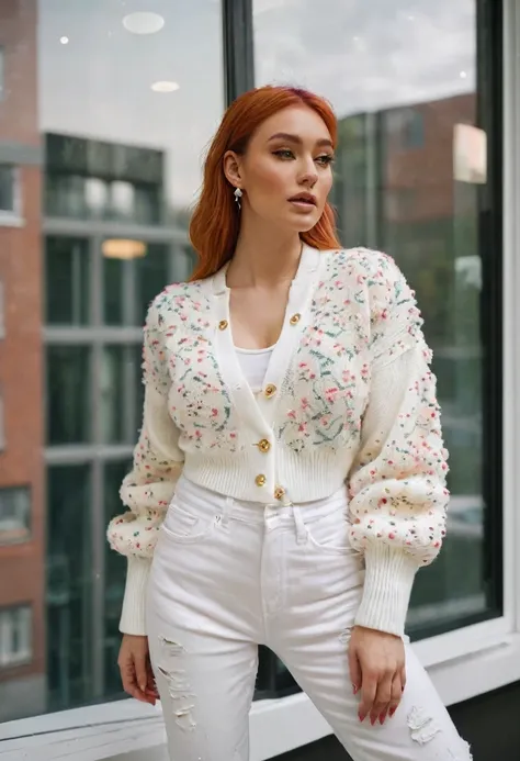 a woman wearing a puffer sweater, puff sleeves knitted with multicolored clover patterns, ripped straight pants, torn flares, standing in front of a window, wearing a cardigan, fashionable white clothes, casual clothes, pearly white, wearing a cute top, wh...