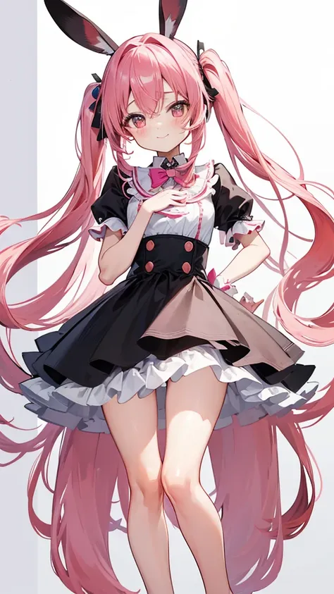 ((masterpiece))((Highest quality))Rabbit Ears、girl、smile、blush、Flat Chest、Are thin、Pink Hair、blush、Are standing、Whole body image、Even your toes are visible、Eye level on face、front、No background、Rabbit Pose、真frontのアングル、Pigtails、uniform