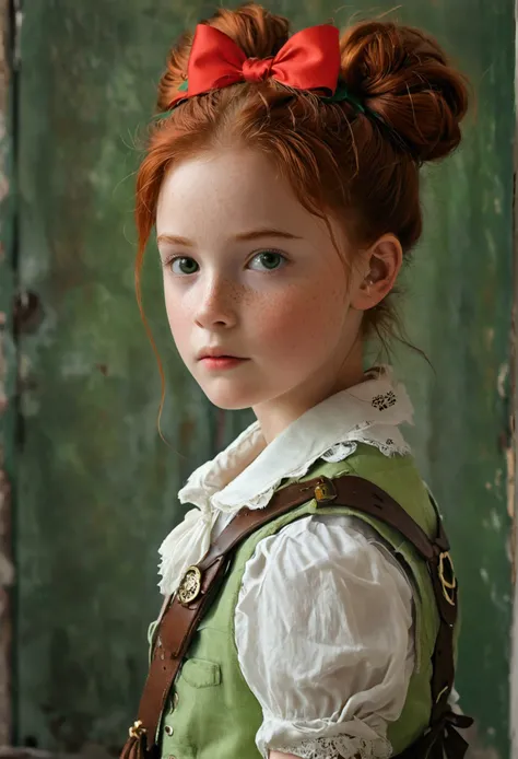 Background of the French school, ultra realistic, 8k, Good quality, a 12 year old girl, redhead girl, She has big red hair tied in a red bow.., He has freckles only on his cheeks, a very thin pointed nose, (slightly slanted almond eyes), He has thin black ...