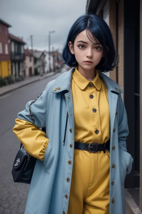 Young Coraline, with dark BLUE hair with Chanel on her shoulders, fully YELLOW raincoat closed, WINE color pants, Pele caucasiana, eyes browns, ((dark image)), 
Quality of (1980)