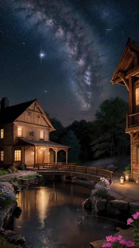 Rural landscape、Ghibli style、night、Romantic atmosphere in the house、A dreamy scene、Heart-warming images、super high quality、Amazing CG、Highly detailed images。Starry sky spreads out、I see some shooting stars。There is an old brick house、A pale pink light is l...