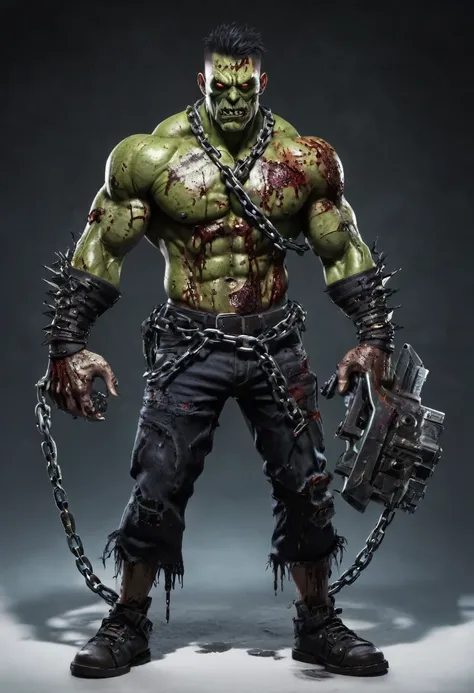 Zombie, male strong body, heavy chain in body, single eye one, villain, exe weapon in right hand, zombie muscle, full body, full body view,