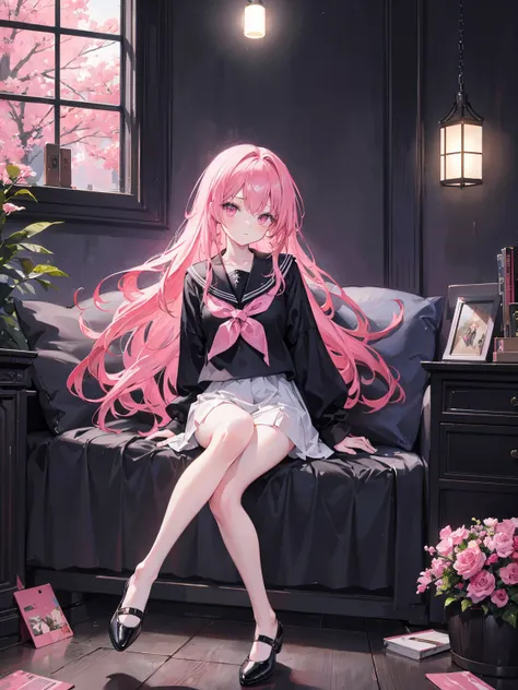 masterpiece, best, dreamy, A beautiful girl, anime style girl, pink eyes, long pink hair, wearing black sailor suit, long sleeves, black skirt, black pantyhose, pink, and black, holding lantern, in the old house, scary, dark, in night, whole body, show the...