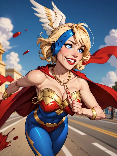 Young female, blonde with short hair, with big, bright blue eyes, wearing a blue costume, defined chest, wearing a golden shoulder pad in the shape of an eagle, with a golden chain running across his chest holding a red cape Smiling with blood splash on fa...