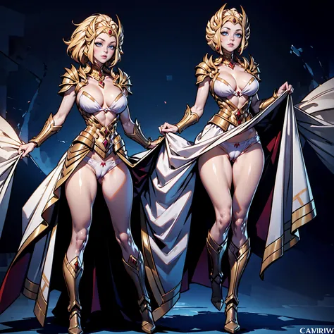 masterpiece, best quality, high quality, SheRaQuiron character, skirt lift, white panties, white bra, cameltoe view, cameltoe, white robe, golden armor