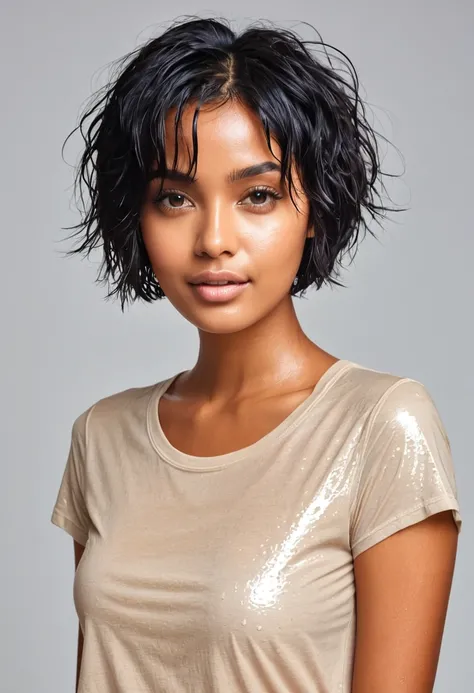 girl with short black hair and light brown skin wearing a wet t-shirt
