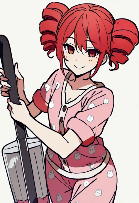 Red hair, loungewear, holding vacuum cleaner, smiling