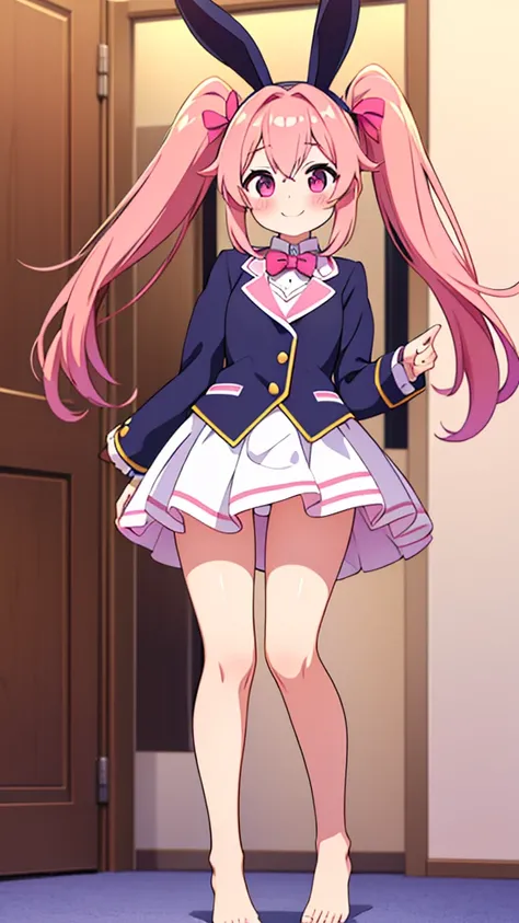 ((masterpiece))((Highest quality))Rabbit Ears、girl、smile、blush、Flat Chest、Are thin、Pink Hair、blush、Are standing、Whole body image、Even your toes are visible、Eye level on face、front、No background、Rabbit Pose、真frontのアングル、Pigtails、uniform