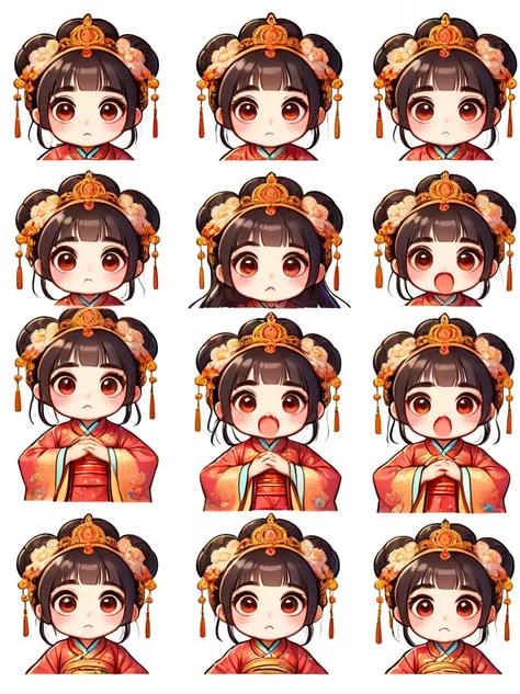 cute and humorous q version chinese girl, big eyes, bust, sticker, 6 different facial expressions, expression board, various pos...