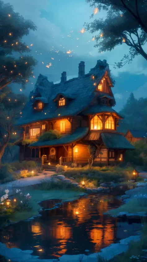 Rural landscape、Ghibli style、night、Mysterious house、Fantastic scene、Images that make your heart flutter when you see them、super high quality、Amazing CG、Highly detailed images。night空にオーロラが舞い、Fireflies are flying around the house。There is a wooden house、Blue...