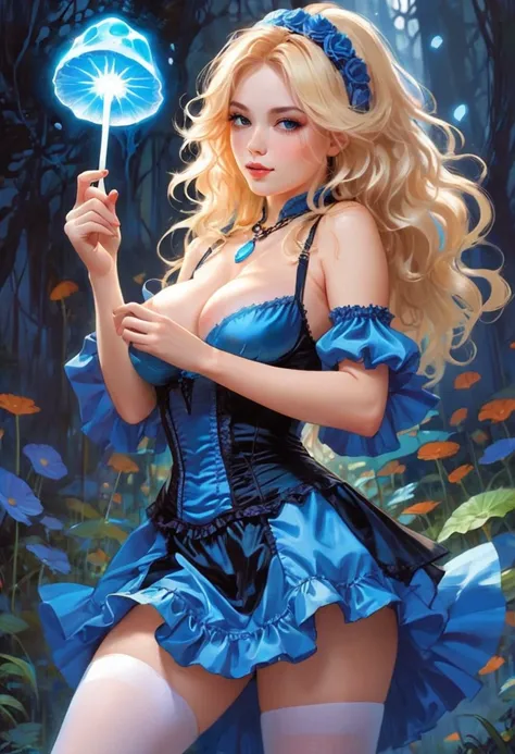 a beautiful 20 year old blonde woman with big messy hair in a blue dress, white stockings, black headband, cleavage, holding a glowing mushroom, fantasy art style, rossdraws cartoon vibrant, alice x. zhang, alice in wonderland cyberpunk, cute detailed digi...