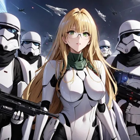 ((Highest quality)), ((masterpiece)), (detailed), （Perfect Face）、The woman is Tiare, a beautiful Stormtrooper with green eyes and medium-long blonde hair, carrying an assault rifle-type blaster.、They serve alongside Emperor Palpatine in orderly formations ...