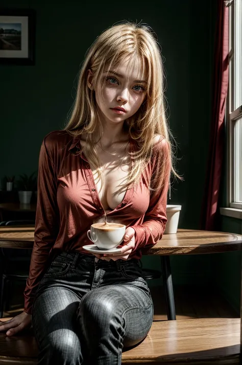  1 girl, red shirt, black pants, cafe table, sunrise, blonde hair, straight hair, green eyes, solo, sitting on chair, looking at viewer, dramatic lighting, coffee on table