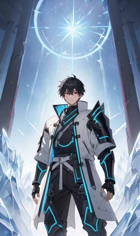 1boy, masterpiece, best quality, very aesthetic, absurdres,newest, anime style, sung jin woo,  solo leveling, black hair, HairDetailer, short hair, (ice neon black tech samurai armor:1.3)), (White kirito jacket:1.3), (glows deep ruby red eyes:1.2), (gradie...