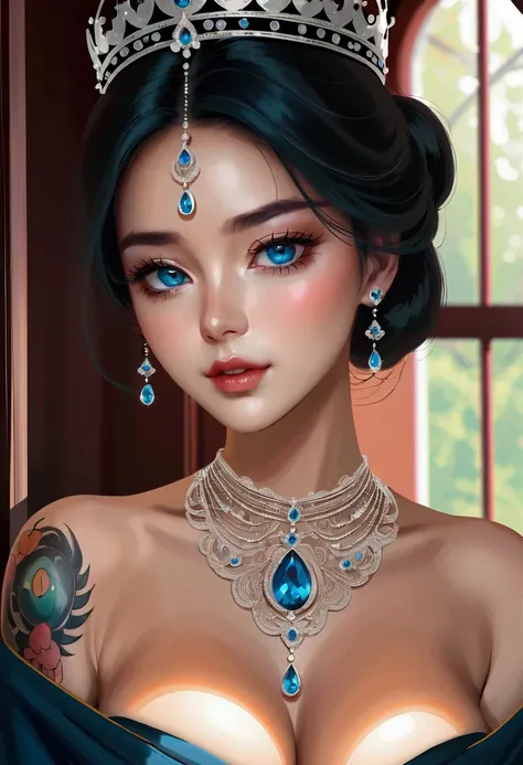 Best image quality，Maximum resolution，8K，20 year old girl，The eyes are very detailed，Large Breasts，Elegance and nobility，Translucent lace，Fair and plump figure，Pretty Face，Glossy Gel Coat，Crystal Gem Crown，Necklace jewelry，blue eyes，Tattoo(whole body)，Tatt...