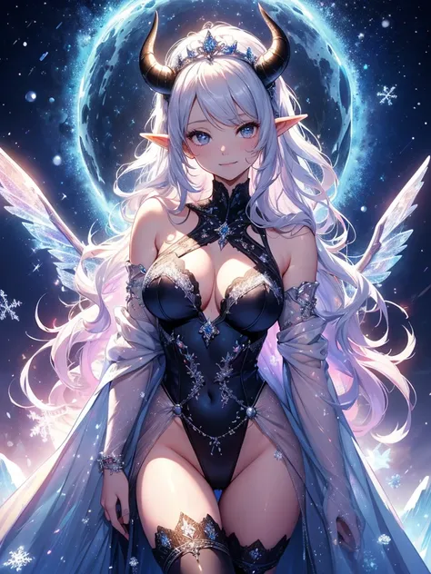 最high quality、最high quality、1 woman elf、Succubus、Stand against a wall(( cowboy shot ))((full body stocking))((see-through body stocking))、Lots of giant snowflakes、Beautiful eyes、tears、Raise your arms behind your head、Beautiful decoration、、Ice tiara、Beautif...