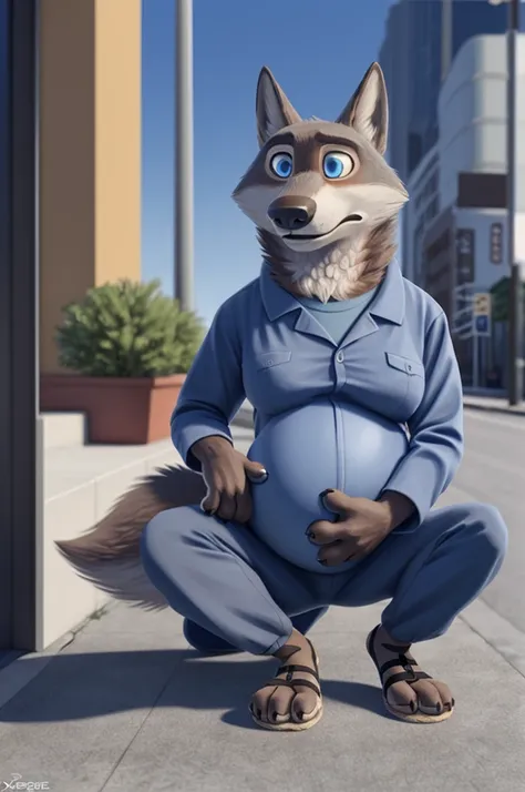 emilia (zootopia), wolf, gray fur, (brown body:1.3), blue eyes, zootopia, dressed,blue shirt,blue chest pants, pregnant,sandals,...