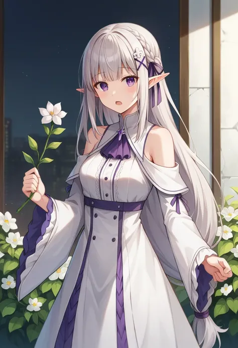 rezeroEmilia, Emilia, Braiding, crown Braiding, flower, hair flower, hair ornaments, Hair Ribbon, Long Hair, low-tied Long Hair, (Purple eyes:1.2), Pointed Ears, white flower, x hair ornaments, Open your mouth,
break bare shoulders, Detachable collar, dres...