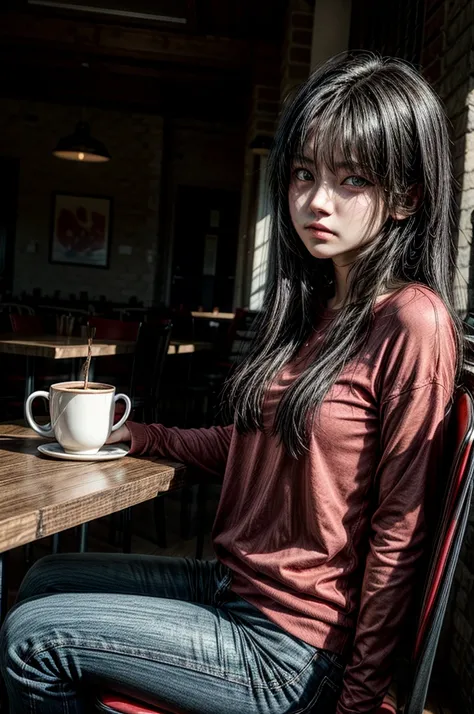  1 girl, red shirt, black pants, cafe table, sunrise, black hair, straight hair, blue eyes, solo, sitting on chair, looking at viewer, dramatic lighting, coffee on table