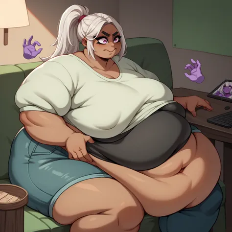 Violet skin all over, small nipples, Thicc, extremely morbidly obese, white hair ((wearing)), white tanktop, black shorts, struggling frown of effort, voluptuous man, feminine boy, femboy, perfect hands, perfect face, smile, (anatomically correct), (Perfec...