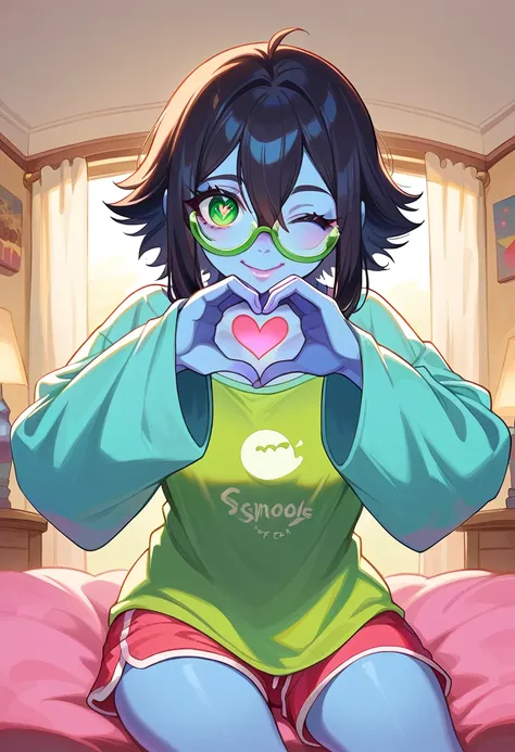 score_9, score_8_up, score_7_up, source_anime, {{Artist: sincos}}, 1girl, cute, solo, lips, blue skin, long black hair, shaggy ponytail hairstyle, medium breasts, hair between eyes, green eyes, symbol-shaped_pupils, tilted glasses, alien, oversized tshirt,...