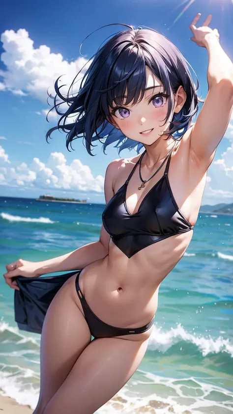 1girl, solo, bangs, blue hair, necklace, parted lips, purple eyes, short hair, smile, solo, two piece purple swimsuit, sandy pier background, jumping in the air