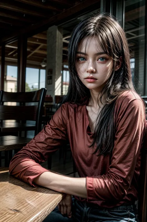 1 girl, red shirt, black pants, cafe table, sunrise, black hair, straight hair, blue eyes, solo, sitting on chair, looking at viewer, dramatic lighting, coffee on table